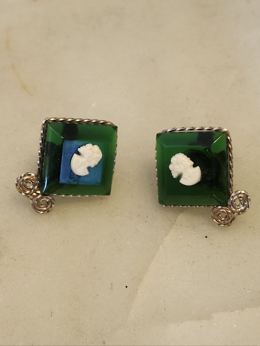 Green Glass Cameo Square Screwback Earrings - Vintage